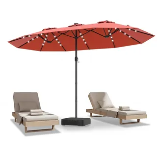 COSTWAY Doppelsonnenschirm 450x260cm, Gartenschirm mit Ständer, LED-Solar-Beleuchtung & Kurbel, Sonnenschirm Groß XXL, Terrassenschirm UPF 50+ Orange - Orange