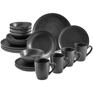 Novel Kombiservice , Schwarz , Keramik , 20-teilig , Punkte , 360 ml,610 ml , Lfgb , handgemacht , Geschirr, Geschirrsets, Kombiservice