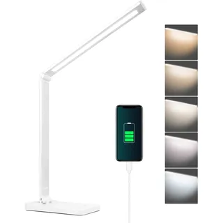 mafiti Schreibtischlampe LED Dimmbar Tischlampe 5 Farb und 3 Helligkeitsstufen, Augenfreundliche Nachttischlampe, USB-Anschluss für Leser, Kinder, Büro-Weiß [Energieklasse E]