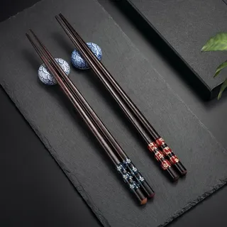 2 Paar Set Essstäbchen blau/ Rot + 2 pcs Essstäbchen Ablagen Natur Chopsticks aus hölz in Edler Schatulle Geschenkbox Essstäbchen Chinesische Stäbchen Japanische Essstäbchen Holz