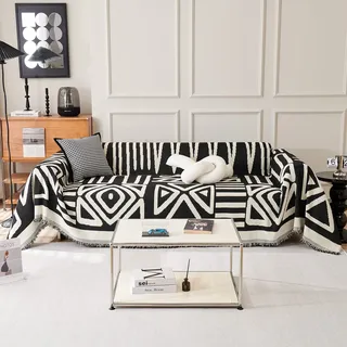 VClife Boho-Couchüberzüge, übergroßer Sofa-Schonbezug für 3–4 Kissen, Couch, Sofa, modern, schwarz, cremeweiß, dreieckig, kariert, Couchbezug, rutschfest, atmungsaktiv, Chenille, übergroßer Sofabezug