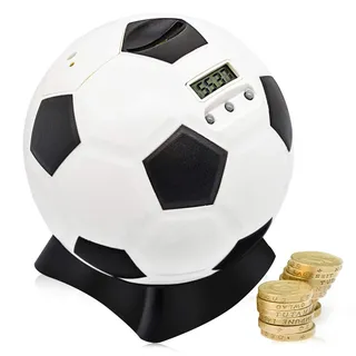 MOMMED Digital Counting spardose mit zähler, Fußball Sparschwein groß für Kinder, Früherziehung mit automatischem LCD-Display, Balck, Weiß