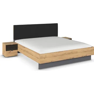 rauch Bettanlage "Bett Doppelbett Komfortbett Funktionsbett APOLLON" Liegefläche 180x200, optional mit Bettbank und Stauraum, 3 tlg. tlg. Polster-Kopfteil in Lederoptik black, 2x Nachttische MADE IN GERMANY, eiche artisan, schwarz oak