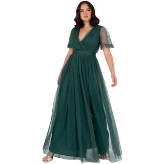 Anaya with Love Damen Ladies Maxi for Women V Neckline Short Sleeve Frilly Long Empire Waist Wedding Guest Bridesmaid Maid of Honour Dress, Emerald Green, 44 EU