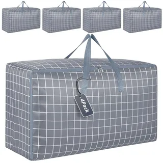 wsryx 4 Pack Extra Große Aufbewahrungsbox mit Deckel für Umzug, Kleiderschrank, Schwerlast Wäsche, Aufbewahrungsbeutel mit Reißverschlüssen für Kleidung, Starke Organizer Verpackungsboxen (Grau)