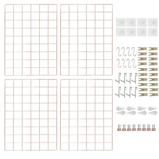 CIKLCIX Wandgitter Roségold, 17.3"×11.8" Gitter-Pinnwand, 4er-Set | Metall-Drahtgitter für Fotos, Notizen und Deko, Grid Wall Panel mit Klammern und Hake
