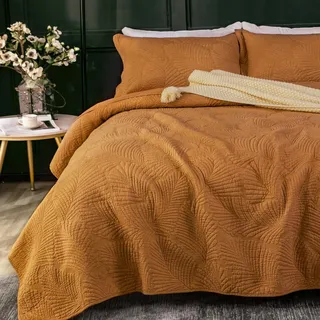 Qucover Tagesdecke 220x240cm Baumwolle Bettüberwurf, Ultra Weiche Stickerei, Bedspreads, Steppdecke Mit 2 Kissenbezügen, Sofa Überwurfdecke Wohndecke Für Bett (Orange, 220 x 240 cm)