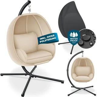 KESSER® Luxe Hängesessel mit Gestell + weicher Sitzkissen, Seitenpolsterung, Sitz- und Rückenkissen Hängekorb Indoor & Outdoor, Garten Schaukel Korb Hängestuhl Stabiler Standfuß, max. 150 kg - Beige