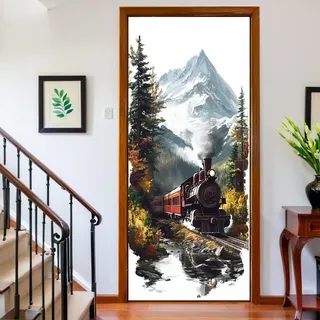 Türtapete selbstklebend altmodischer Dampfzug Türposter 77 x 200 cm Weiß Türaufkleber Wohnzimmer Schlafzimmer Badezimmer Wasserdicht Abnehmbare Vinyl