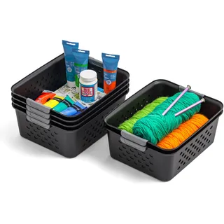 Iris Ohyama OSB-M Aufbewahrungskörbe aus Kunststoff – Regalkorb/Speisekammer Haushalts-Organizer mit Griffen für Küche, Arbeitsplatten, Schränke, Schlafzimmer und Badezimmer, Schwarz, Medium, 6
