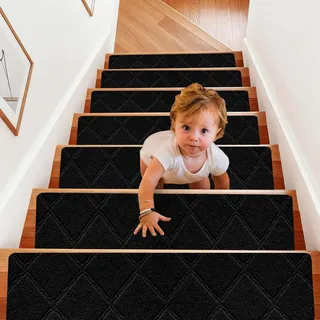Jinfanshurich 15 Stück Stufenmatten Selbstklebend, Treppenstufen Matten rutschfest, Selbstklebend, Stufenmatten für Innenbereich, Treppenstufen Teppich für Kinder, Ältere & Haustiere (Schwarz, 55x19)