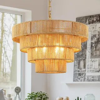 Schindora HäNgelampe Rattan,Boho Retro 6-Leichter Pendelleuchte 50Cm Handgewebt Lampe Esstisch 4 Runde ÜBergangs-Rustikal GroßEr Deckenlampe FüR Wohnzimmer KüChe Schlafzimmer,Messing