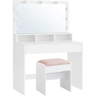 VASAGLE Kailyn Kollektion - Schminktisch mit Hocker, Frisiertisch mit Spiegel und LED-Leuchten, Kosmetiktisch, Schubladen und offene Fächer, Schrank mit 2 verstellbaren Ablagen, wolkenweiß RDT720W01