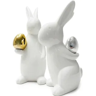 khevga Oster-Deko – 2er Set Deko-Hasen aus weißem Porzellan mit Ei in Gold und Silber, Elegante Osterdekoration für Tisch, Fensterbank oder Geschenkidee
