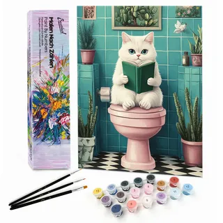 Bougimal Malen Nach Zahlen Erwachsene Tiere Ohen Rahmen inklusive Pinsel und Acrylfarben - 28x35cm, Katze mit Buch