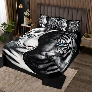 Homewish Weißer Tiger Tagesdecke 170X210 Kinder, Wildtier-Motiv Bettüberwurf für Mädchen Jungen, Yin Und Yang Schwarz-Weißes Muster Vier Jahreszeiten Gemütlich Weich Mit 1 Kissenbezug