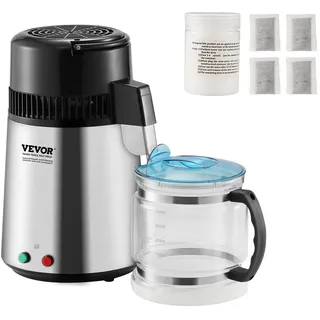 Vevor Wasser-Destilliergerät Destilliergerät, 4 L Gereinigtes Wasser Reiniger Filter, 750 W Destilliertes Wasser Maker, Edelstahl Innenraum Destilliergerät Wasser Silber Haushalt 1 LWasser pro Std.