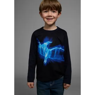 Langarmshirt KIDSWORLD "FLYING DINO", Jungen, Gr. 92/98, blau (marine), Jersey, Obermaterial: 100% Baumwolle. Vorderteil: 100% Polyester, bedruckt, Basic, Rundhals, Shirts Langarmshirt, Langarm, Basic-Passform, bedruckt, Rundhalsausschnitt