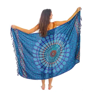 Mandala Life ART Blauer Damen Sarong Pareo Mit Fringe Hochwertiger Rayon Groß Strand Strandtuch Wickeltuch Wickelrock Strandrock Tapisserie Wickeltuch Bikini Cover Up Tuch Für Badeanzug