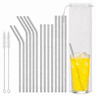 16-Teiliges Metall Strohhalm Set, Edelstahl-Trinkhalme mit 4 Langen und 4 Kurzen Geraden, 4 Langen und 4 Kurzen Gebogenen Halmen, 2 Bürsten und Beutel, Spülmaschinenfest