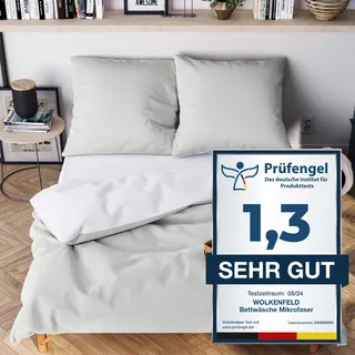 Wolkenfeld Bettwäsche 220x240 cm, 3teilig & Hellgrau/Weiss - kuschlig weich", & bügelfrei – ÖKO-TEX Zertifiziert – Mikrofaser Bettwäsche-Sets 1x Bettbezug 240x240 + 2X Kissenbezug 80x80,