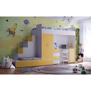 aea Hochbett mit Regal und Stauraum – Für Ihr Kinderzimmer oder Jugendzimmer. - Gelb