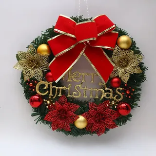 Weihnachtskranz für Tür, 30cm Türkranz Weihnachten, Weihnachtsdeko Türkranz mit Schleife, Kugel, Blumen, Tannengirlande für Tür Fenster Ornament, 80% Kunststoff, B