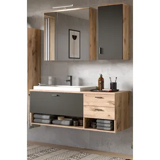Badmöbel Set mit Waschbecken "Oderzo" Eiche und grau mit Waschbecken, Soft-Close und LED - Grau, Naturbelassen