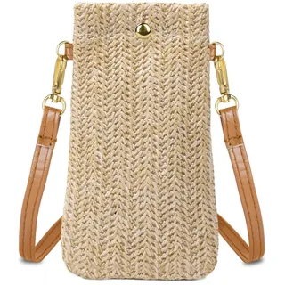 Aucuu Handytasche Zum Umhängen, Strohtasche Damen, Kleine Strandtasche Mit Schnalle, Crossbody Tasche für Reisen, Urlaub, Strand