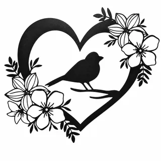 Metall Vogel Wanddeko Garten, schwarzes Wandbild Metall Herz mit Vogel und Blumen, 30 x 25 cm Gartendeko für Gartenzaun, Terrasse, Balkon, Wohnzimmer und Schlafzimmer