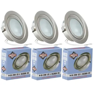 JungesLicht 3er Set Halogen Möbeleinbauleuchte DIMMBAR inklusive 12V 20Watt G4 Leuchtmittel und 10cm Anschlusskabel Spiegelleuchte Möbelleuchte Schrankleuchte Schrankbeleuchtung flache Leuchte