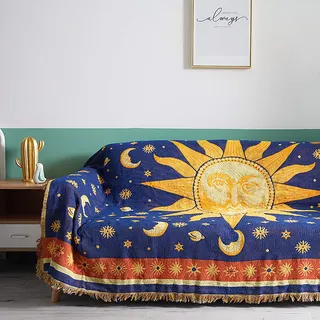 MayNest Tagesdecke mit Sonne und Mond, Sternen, Hippie-Stil, doppelseitig, wendbar, gewebte Baumwolle, Heimdekoration, Bettwäsche, Stuhl, Couch, Liegestuhl, übergroße Quasten, Blau/Gelb (91 x 71 cm)