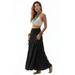 Thaluta Maxi-Rock mit Langen Taschen, Boho-Stil, Baumwolle, elastische Taille, Gypsy - Schwarz - Einheitsgröße