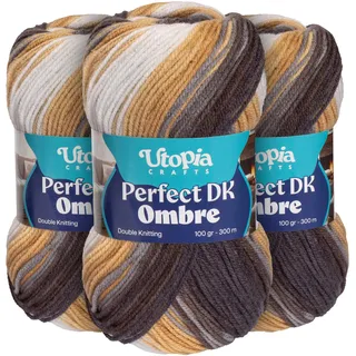 Utopia Crafts DK Wolle Ombre 3er Pack - 3x100g Weiches Acrylgarn, 900m Gesamt, Multicolor Farbverlauf zum Stricken und Häkeln, Oeko-Tex 100 Zertifiziert, Nadel 3,75-4,5mm (003)