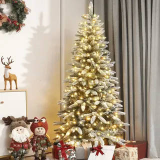 Yorbay Künstlicher Weihnachtsbaum Slim mit Beleuchtung LED Tannenbaum für Weihnachten-Dekoration, Schneebeflockt, Schmal, Weiß, 180cm