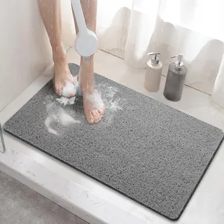 HITSLAM Duschmatte rutschfest, 60x40cm Badewannenmatte rutschfest mit Ablauf, Weiche PVC-Luffa Antirutschmatte Badewanne, Schnell Trocknende Badematte, Grau
