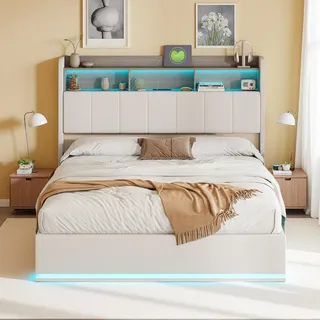 140 x 200 cm großes Bett aus weißem Samt mit integriertem LED-Streifen, Kopfteil mit Stauraum und Beleuchtung – Modernes und funktionales Design - Weiß