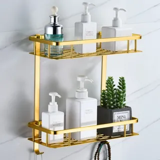 maifey Duschregal Gold, Duschablage Ohne Bohren Badezimmer Regal aus Metall Wand Badregal Duschkorb, Rostfreies,Kleber Installation (2 Schicht, Helles Gold)