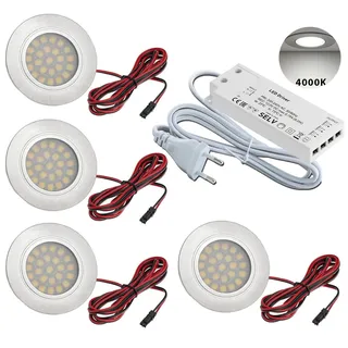 JungesLicht- 4x LED Möbel Einbaustrahler – für 55-60mm Bohrungen, ultra flach (10mm), 2Watt 12V 200Lumen, neutralweiss 4000K – Inkl. Trafo & Anschlusskabel – Einfache Steck-Montage, Möbelleuchte