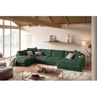 KAWOLA Sofa MADELINE Wohnlandschaft U-Form Cord smaragd Longchair rechts