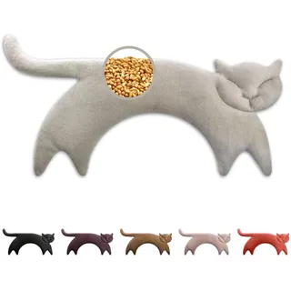 LESCHI Wärmekissen für Mikrowelle (47x23 cm), aus 100% Bio Baumwolle und Bio Weizen, Katze Grau, Körnerkissen, Nackenwärmer ideal als Wärmespender und zur Entspannung von Rücken Schulter Nacken Hals