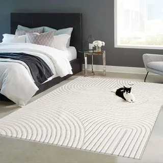 VIMODA Robuster Flachgewebe Teppich Natur Look in Creme 3D+Hoch-Tief Effekt, Weich, Maße:120x170 cm