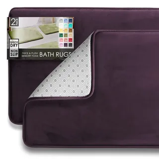 Clara Clark Bathroom, Velvet Memory Foam Mat, Non-Slip Bath Rugs Ultraweicher, Rutschfester und saugfähiger Badezimmerteppich, Samt-Fleece Schaum, dunkelviolett, 17 x 24 + 20 x 32, 2