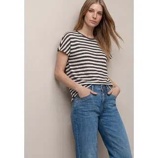 Rundhalsshirt STREET ONE "Style Cris", Damen, Gr. 34, espresso braun, Strick, Obermaterial: 53% Viskose, 44% Polyester, 3% Elasthan, gestreift, normal hüftbedeckend, Rundhals, abgesteppte Kante, Shirts Rundhalsshirt, Sommershirt mit Streifen und im Strick-Look