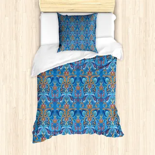 ABAKUHAUS Blau Mantele, Abstrakte Blumenverzierungen, Milbensicher Allergiker geeignet mit Kissenbezügen, 135 cm x 200 cm - 80 x 80 cm, Blau Orange Coral - Blau