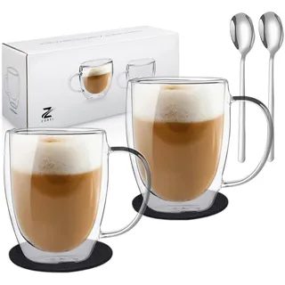 Zobel Latte Macchiato Gläser 350ml mit Henkel | 2er Set doppelwandige Kaffeegläser aus Borosilikatglas inkl. Untersetzer & Löffel | Spülmaschinenfest & hitzebeständig