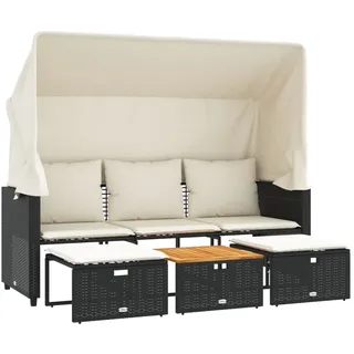 Outdoor-Sofa 3-Sitzer mit Dach und Hockern Schwarz Poly-Rattan - Schwarz