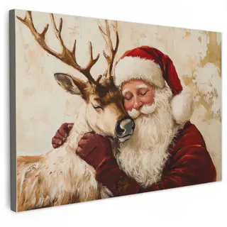 MuchoWow Leinwandbild Weihnachtsmann - Rentier - Weihnachten Wanddeko 90x60 cm , Rotbraun , Textil , Kiefer , Rechteckig , 90x60 cm , FSC 100% , gerahmt , Bilder & Rahmen, Bilder, Leinwandbilder