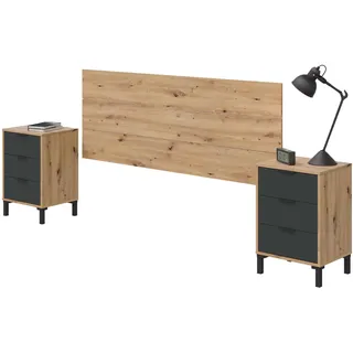 Habitdesign, modernes Kopfteil mit 2 Nachttischen und 6 Schubladen für Doppelbett, Schlafzimmer-Set in Eiche Nodi & Anthrazit, viel Stauraum, Maße: 240 x 74 x 33 cm (B x H x T), Modell Enzo