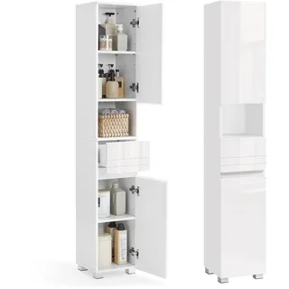 VASAGLE Badezimmerschrank, Badschrank, Badezimmermöbel mit Einer Schublade, verstellbare Ablagen, offenes Fach, 30 x 30 x 170 cm, wolkenweiß BBC560P31